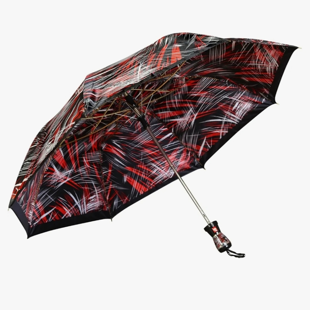 RainPro Red and Black Umbrella Woodgrain Handle Nwot